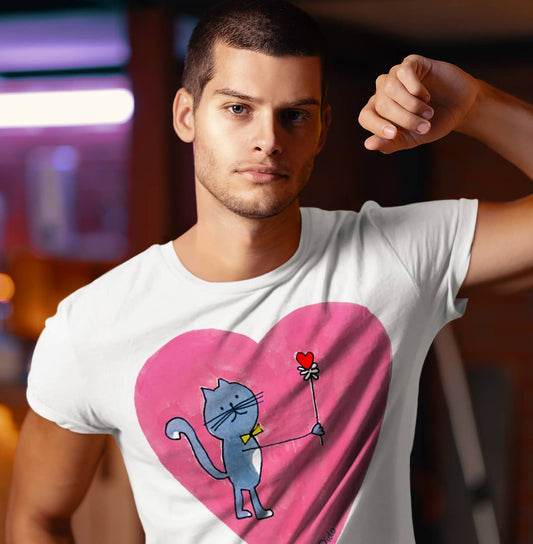 Pink Heart T-Shirt with a Grey Cat For Women Men Couples by Mike Dido