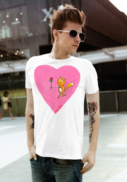 Designer T-Shirt with a Pink Heart And Yellow Cat by Mike Dido