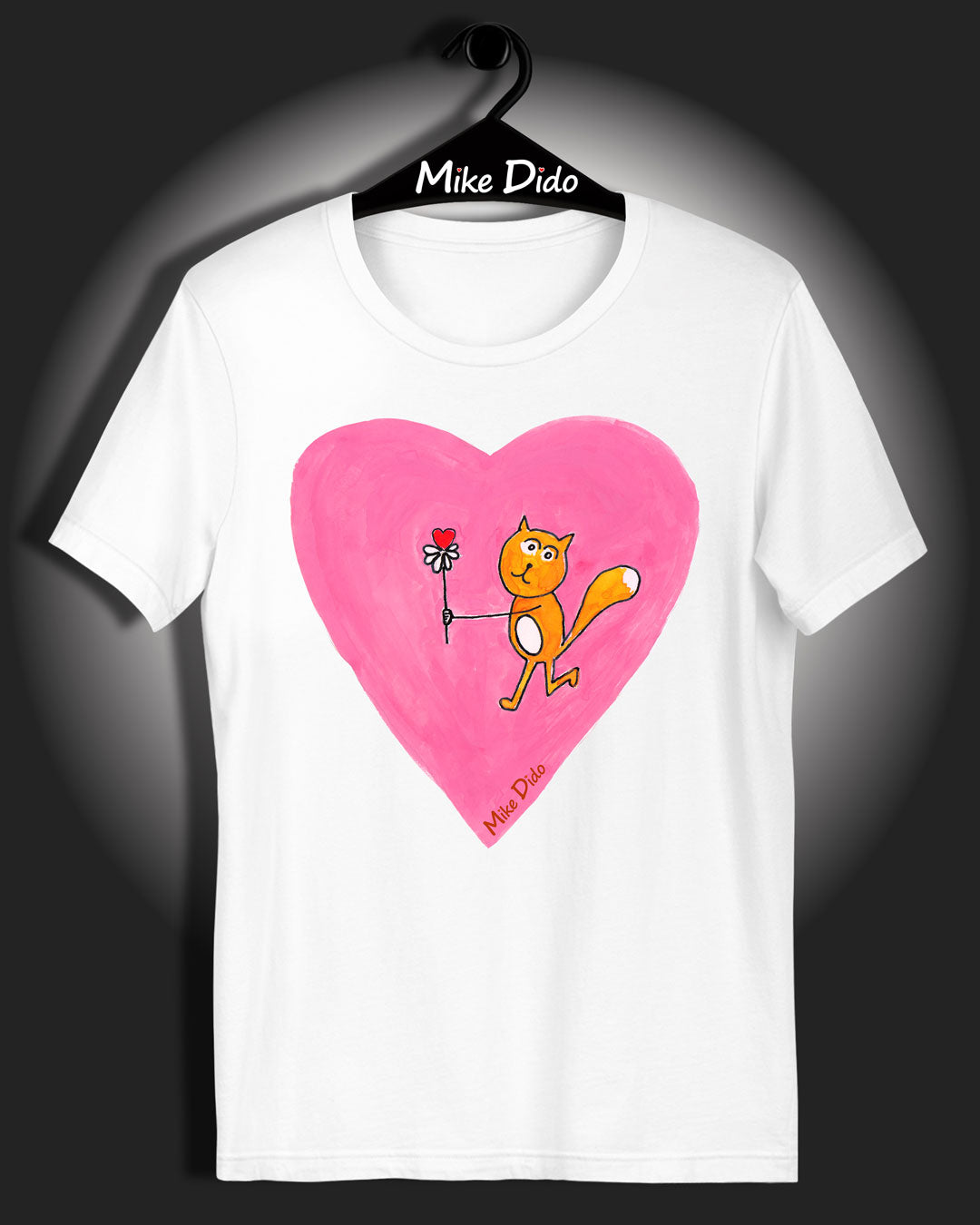 Designer T-Shirt with a Pink Heart And Yellow Cat by Mike Dido