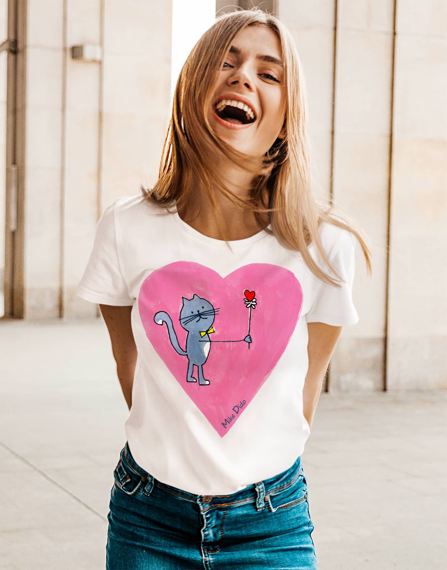 Pink Heart T-Shirt with a Grey Cat For Women Men Couples by Mike Dido