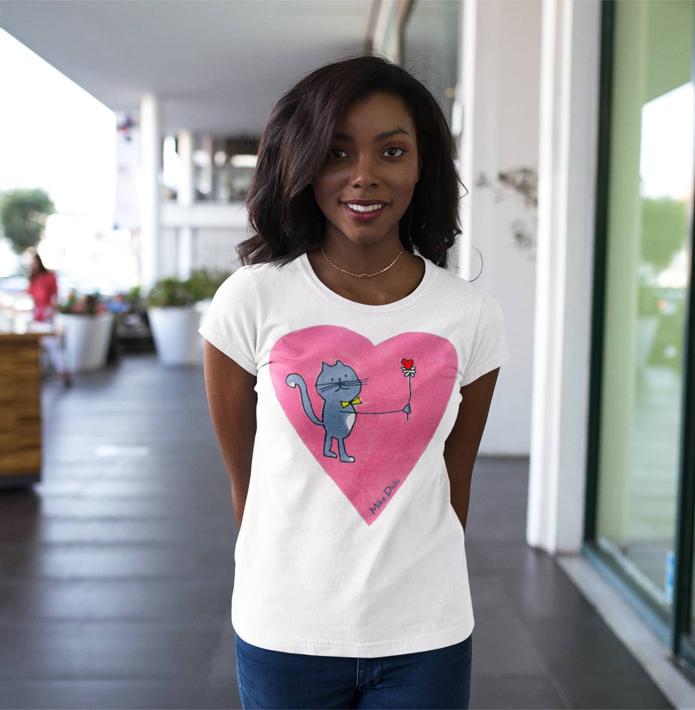Pink Heart T-Shirt with a Grey Cat For Women Men Couples by Mike Dido