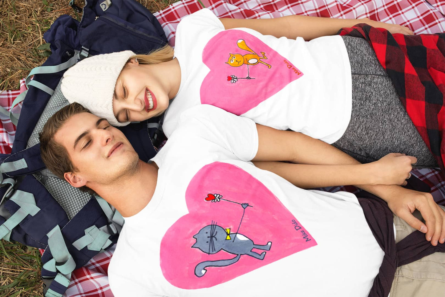 Designer T-Shirt with a Pink Heart And Yellow Cat by Mike Dido