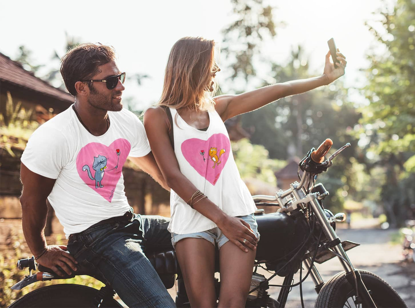 Pink Heart T-Shirt with a Grey Cat For Women Men Couples by Mike Dido