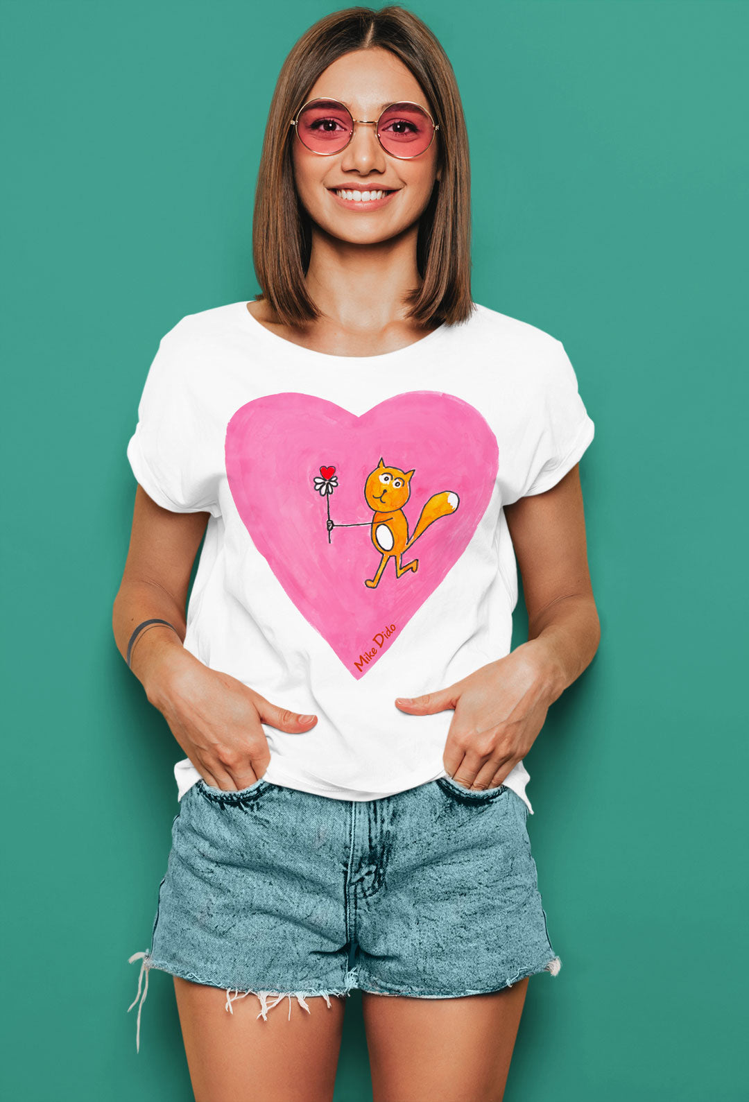 Designer T-Shirt with a Pink Heart And Yellow Cat by Mike Dido