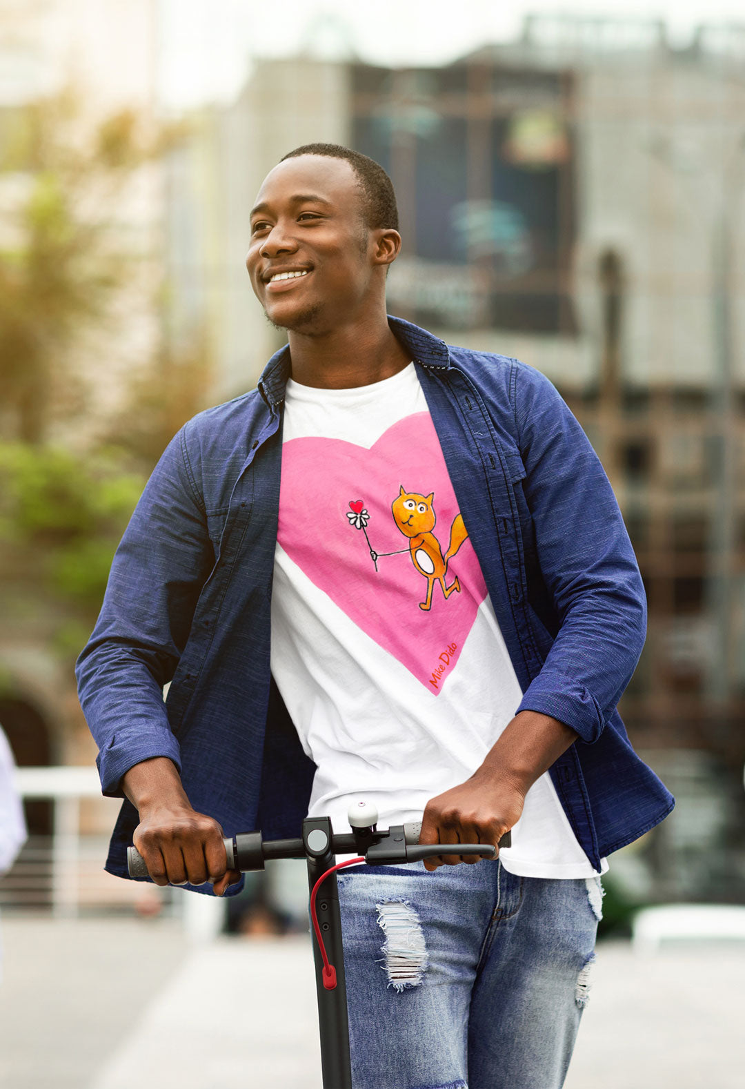 Designer T-Shirt with a Pink Heart And Yellow Cat by Mike Dido