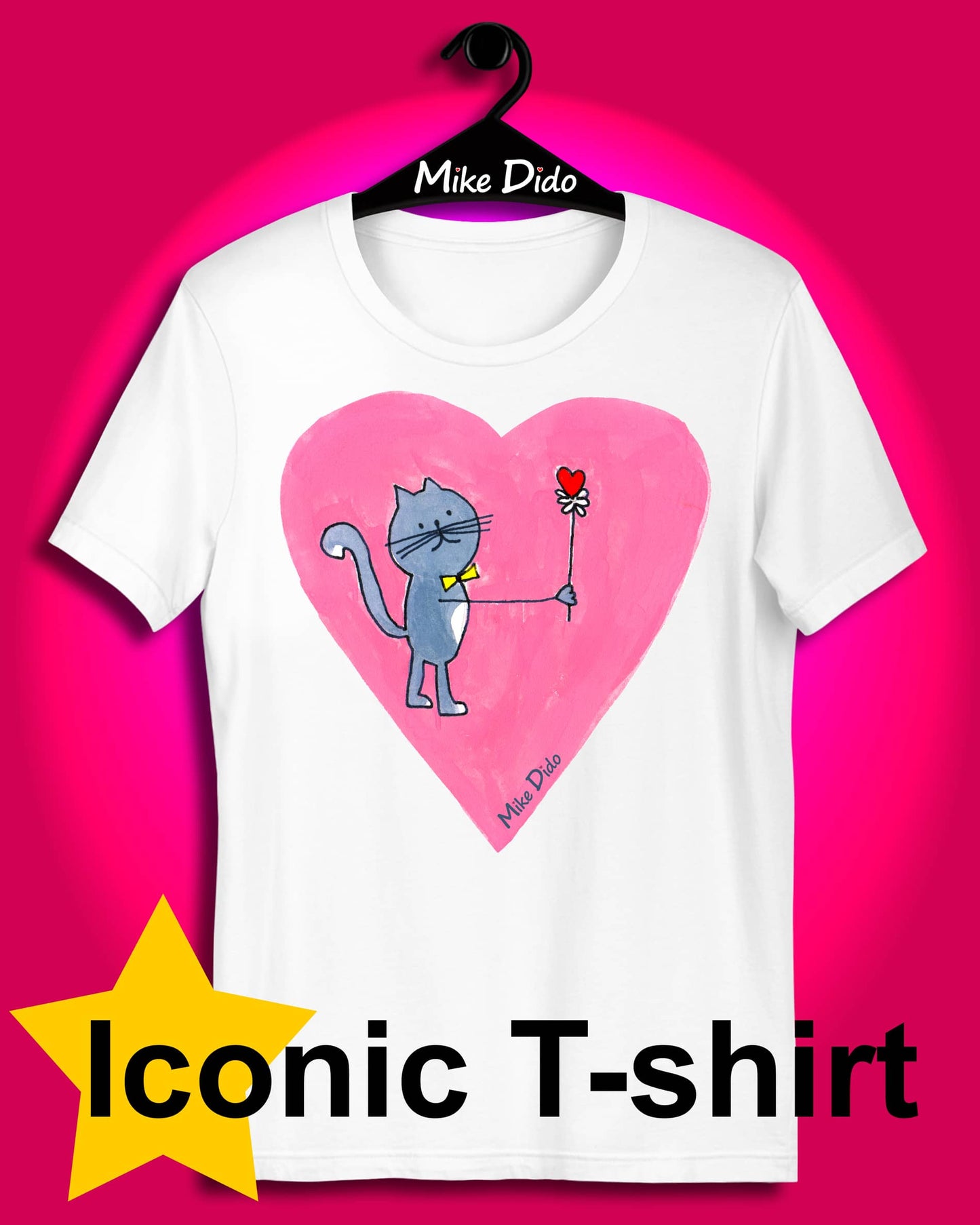 Pink Heart T-Shirt with a Grey Cat For Women Men Couples by Mike Dido
