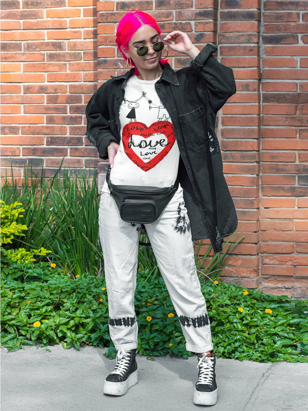 White And Red Graphic Tee Love Heart He She by Mike Dido
