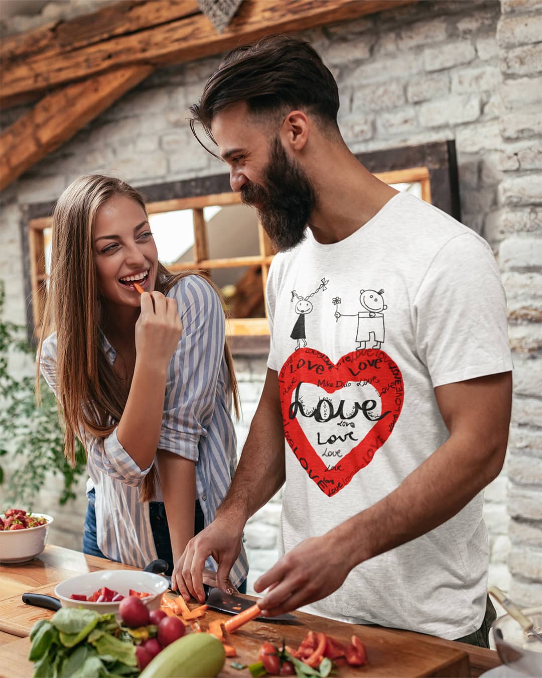 White And Red Graphic Tee Love Heart He She by Mike Dido
