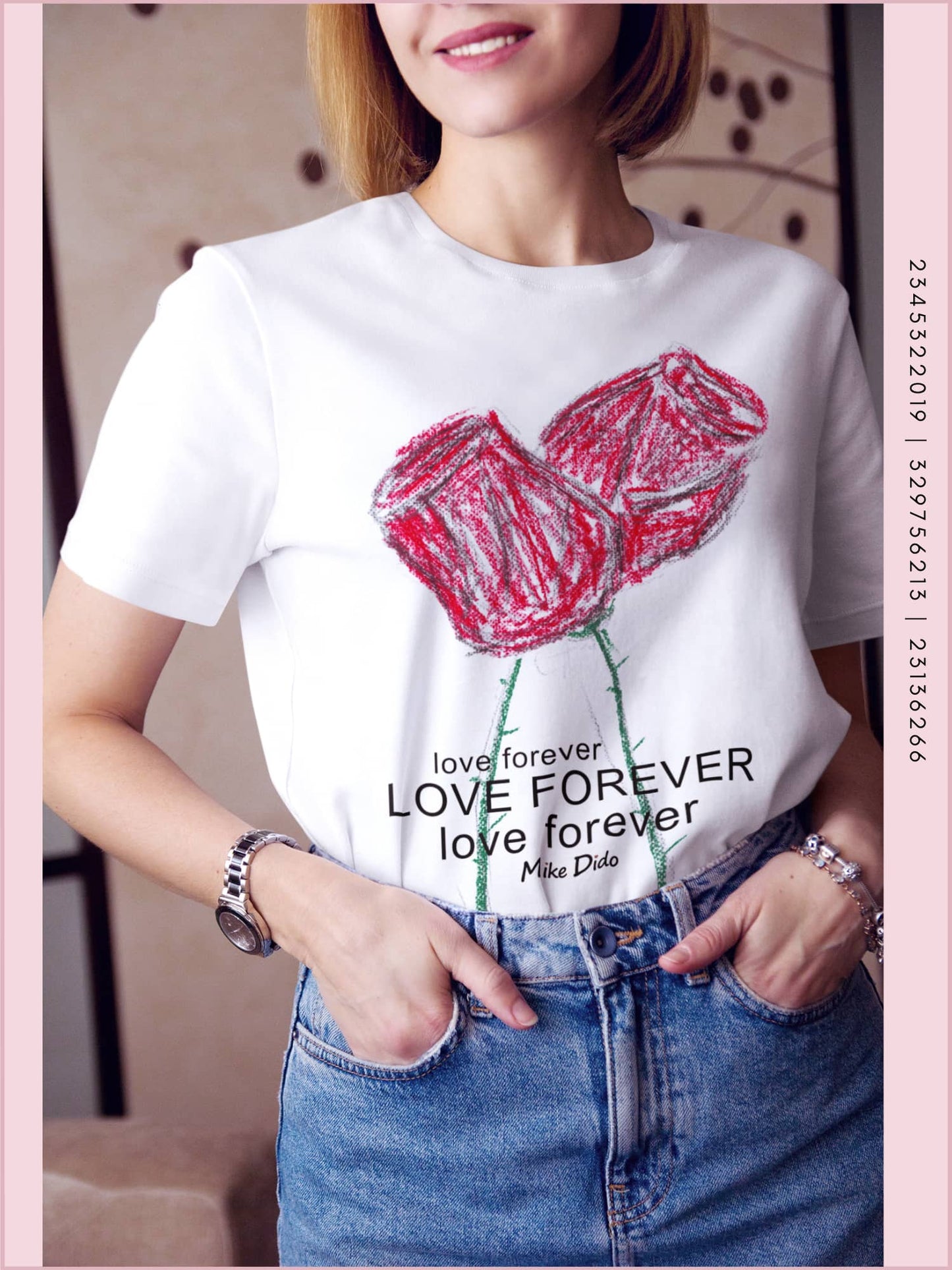 White Graphic Tee Red Rose Flower Forever Love by Mike Dido
