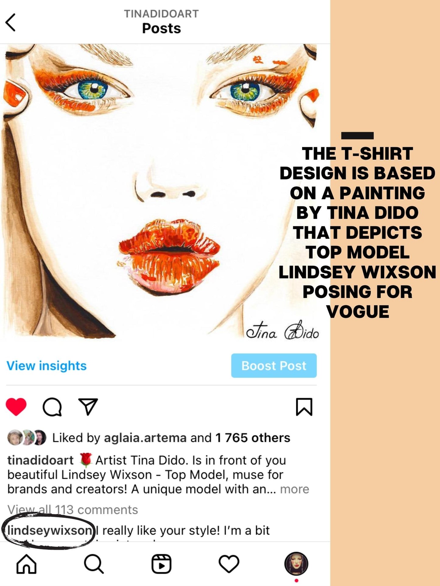 Premium Crafted Fashion T-Shirt With Lindsey Wixson Art By TINA DIDO