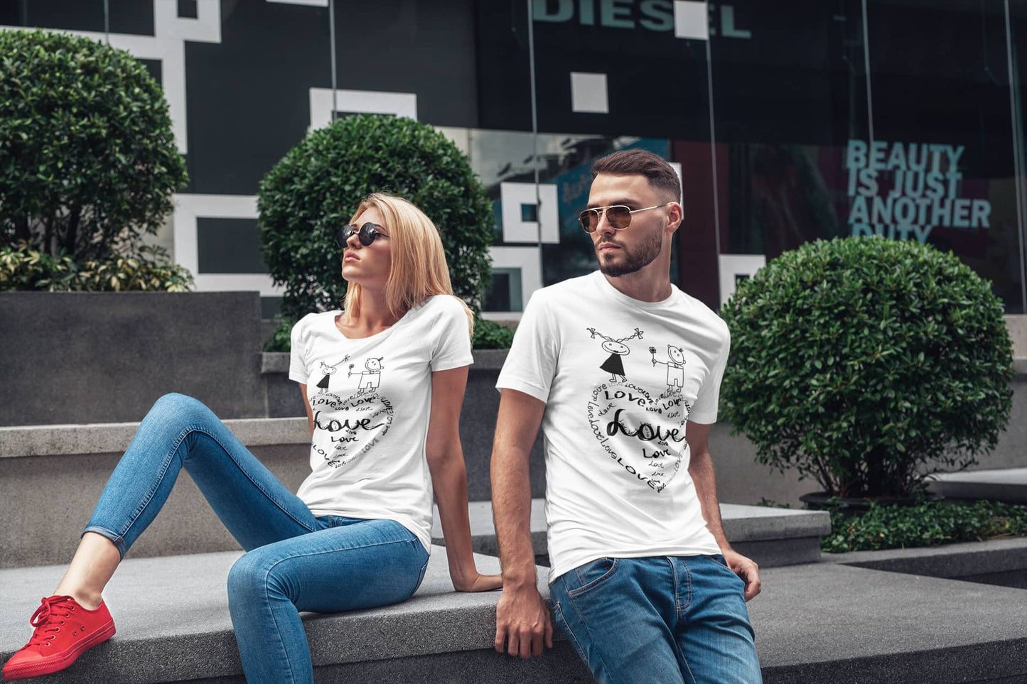 White And Black Graphic Tee Love Heart Lovers by Mike Dido