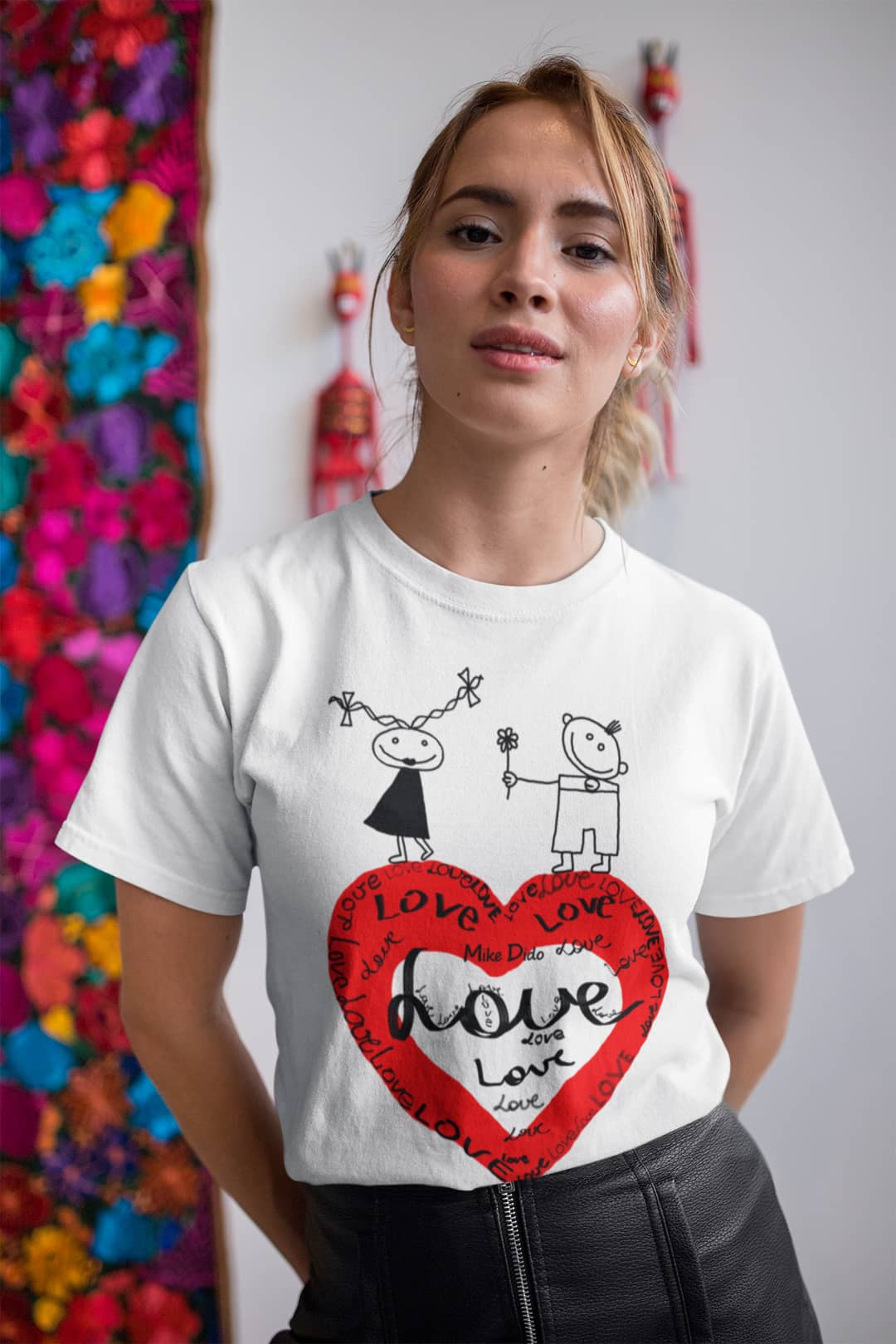 White And Red Graphic Tee Love Heart He She by Mike Dido