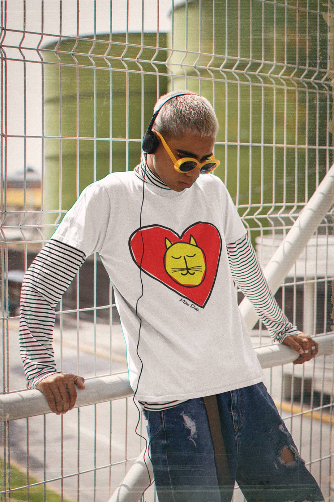 Unisex Cat T-Shirt With Heart by Mike Dido