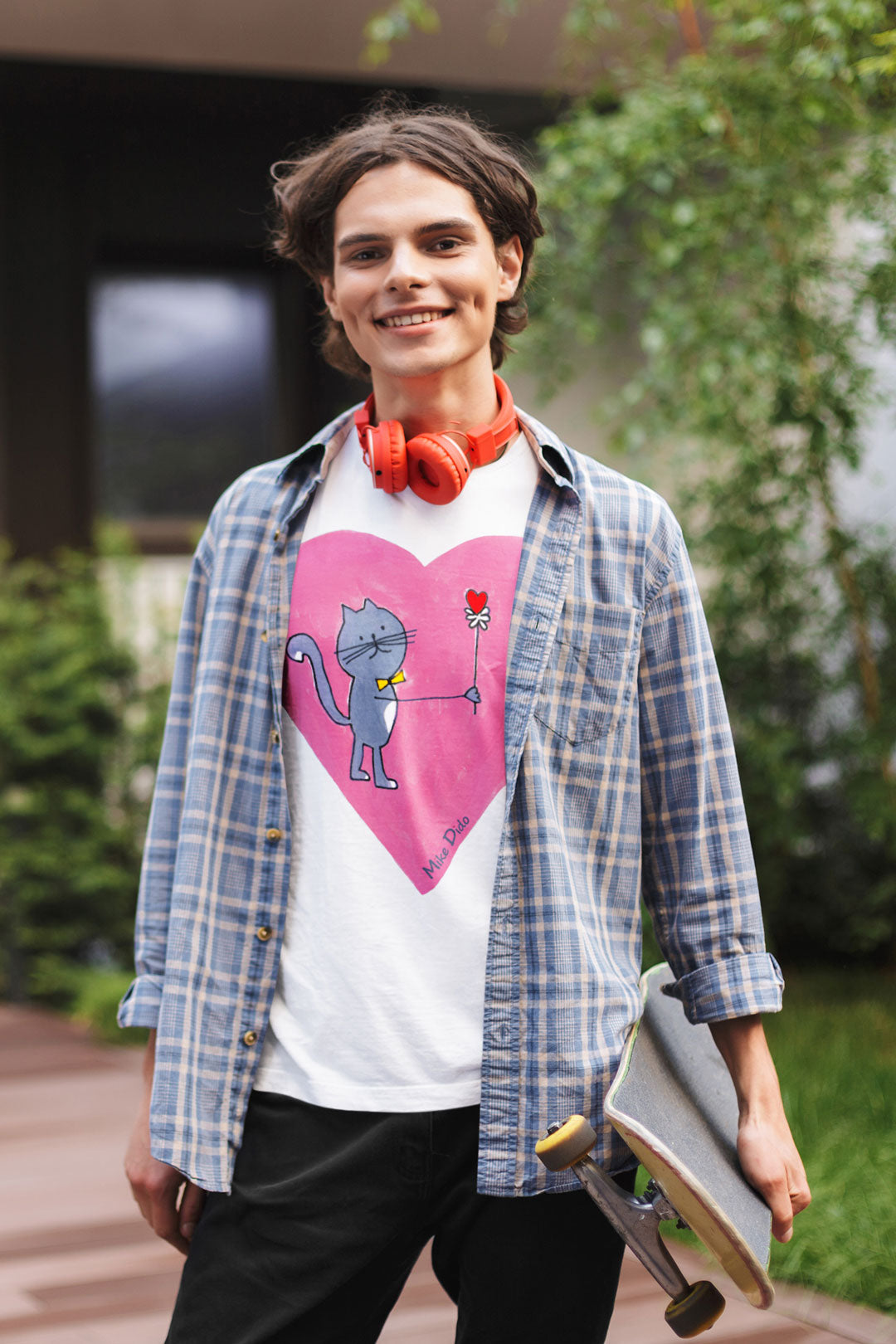 Pink Heart T-Shirt with a Grey Cat For Women Men Couples by Mike Dido