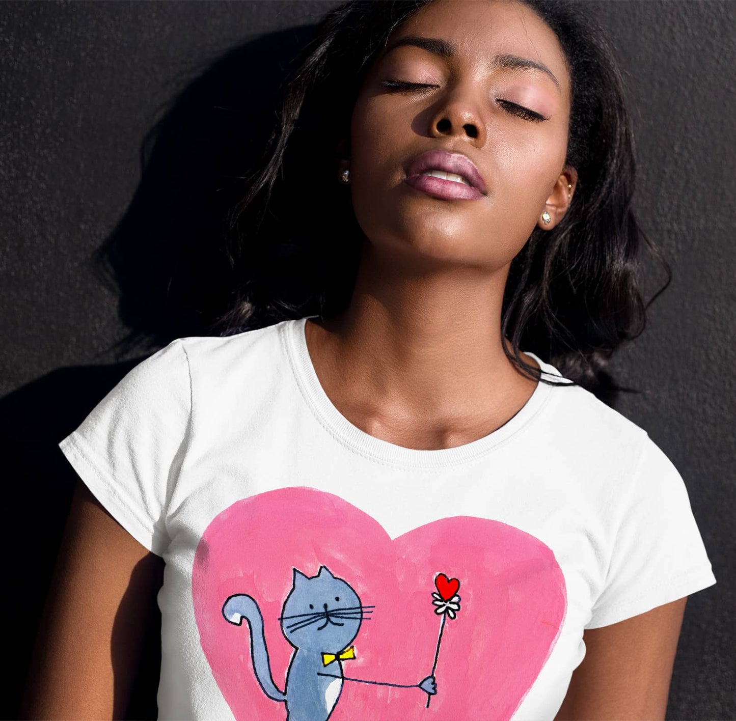 Pink Heart T-Shirt with a Grey Cat For Women Men Couples by Mike Dido