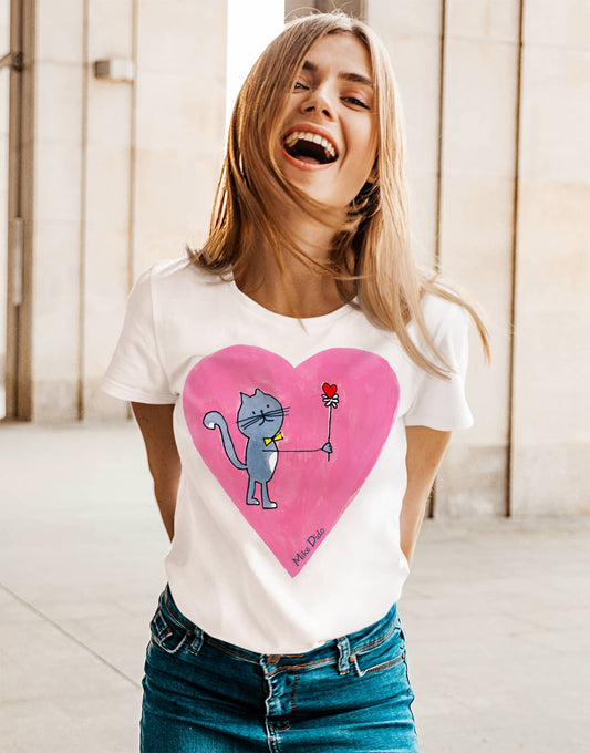 Pink Heart T-Shirt with a Grey Cat For Women Men Couples by Mike Dido