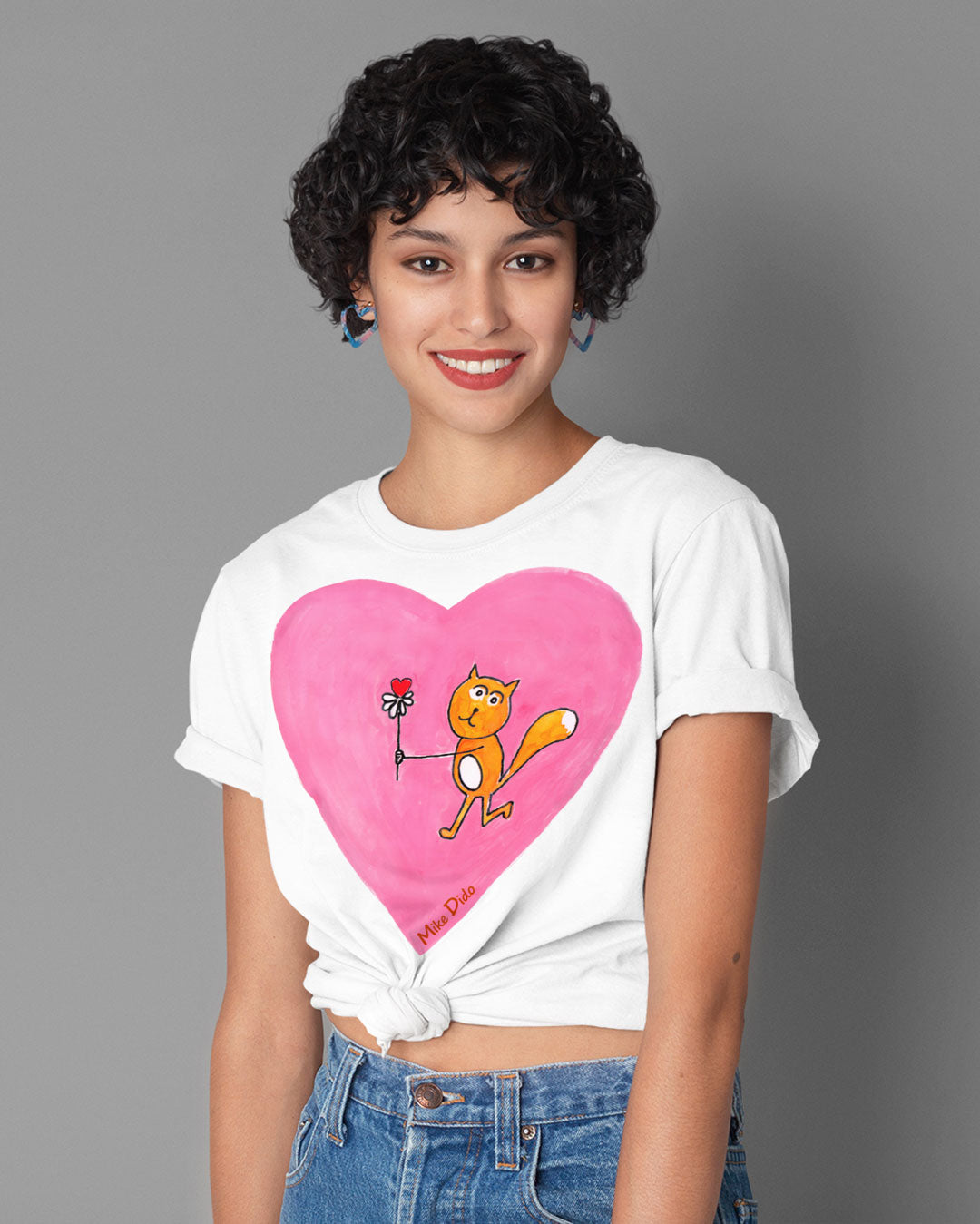 Designer T-Shirt with a Pink Heart And Yellow Cat by Mike Dido