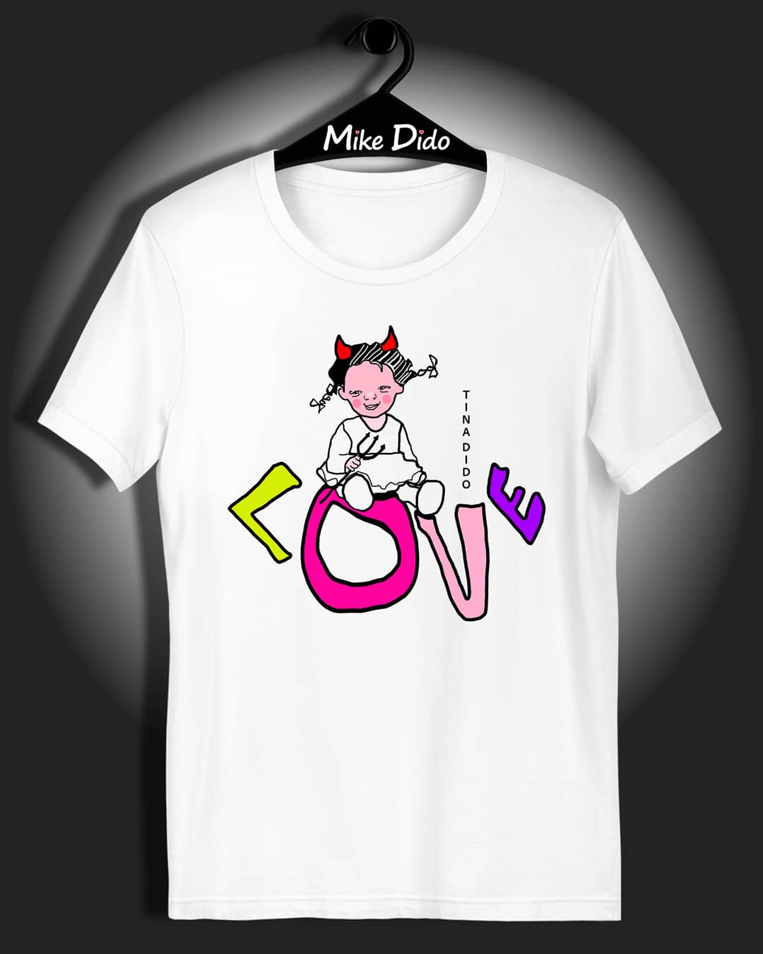 White Crew Neck T-Shirt with Funny Cute Design by TINA DIDO