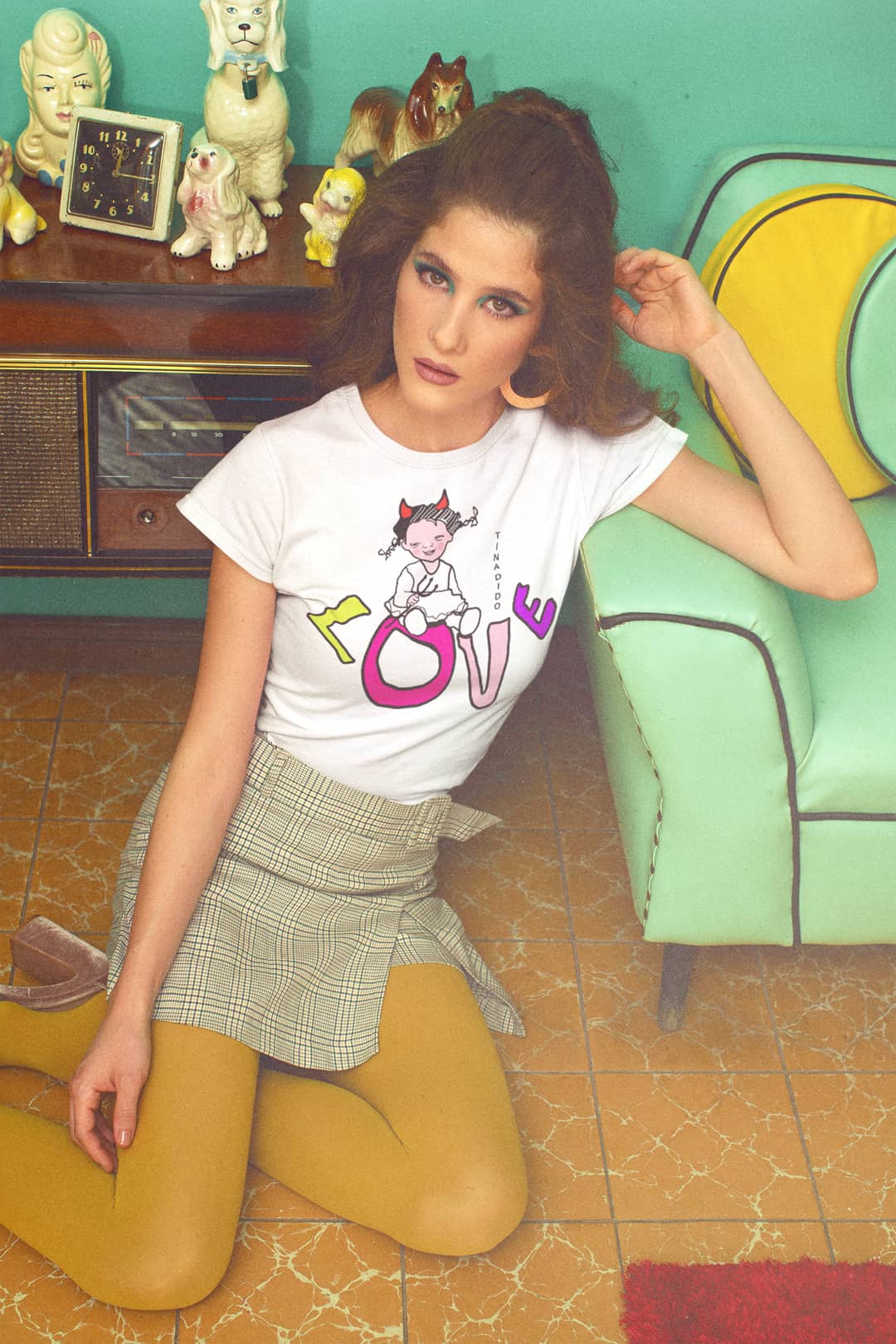 White Crew Neck T-Shirt with Funny Cute Design by TINA DIDO