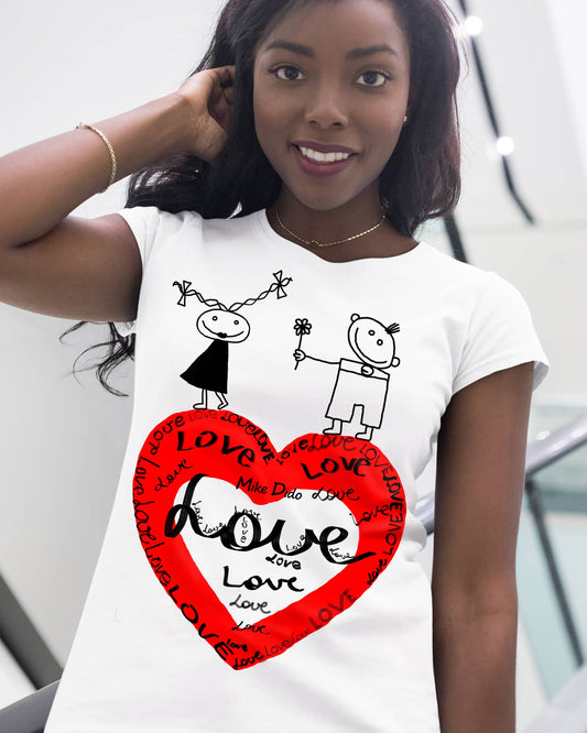 White And Red Graphic Tee Love Heart He She by Mike Dido