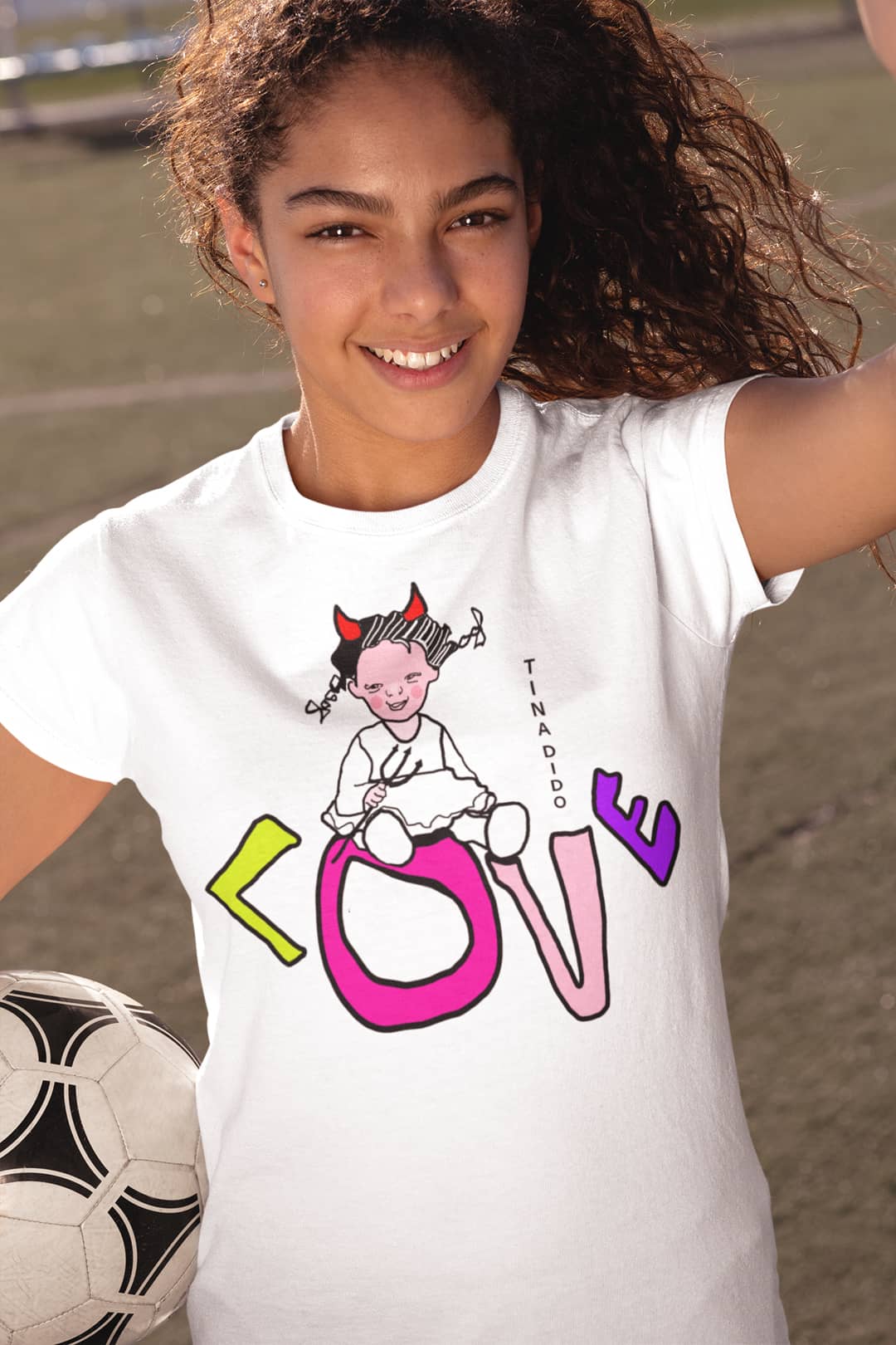 White Crew Neck T-Shirt with Funny Cute Design by TINA DIDO