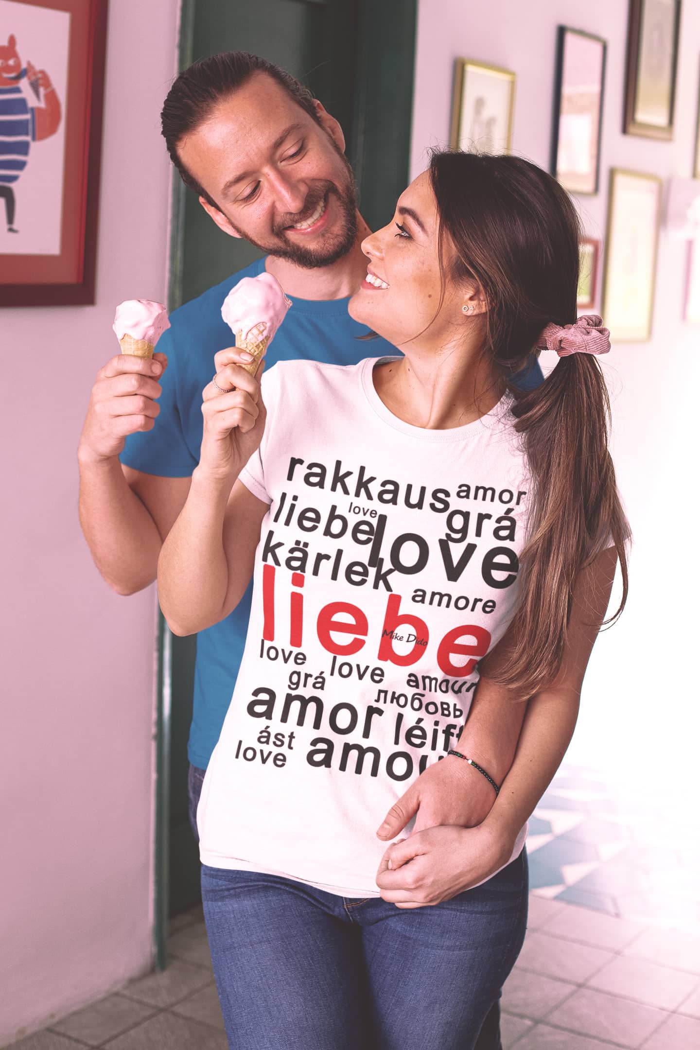 Сrewneck T-Shirt Liebe And Love In Different Languages by Mike Dido