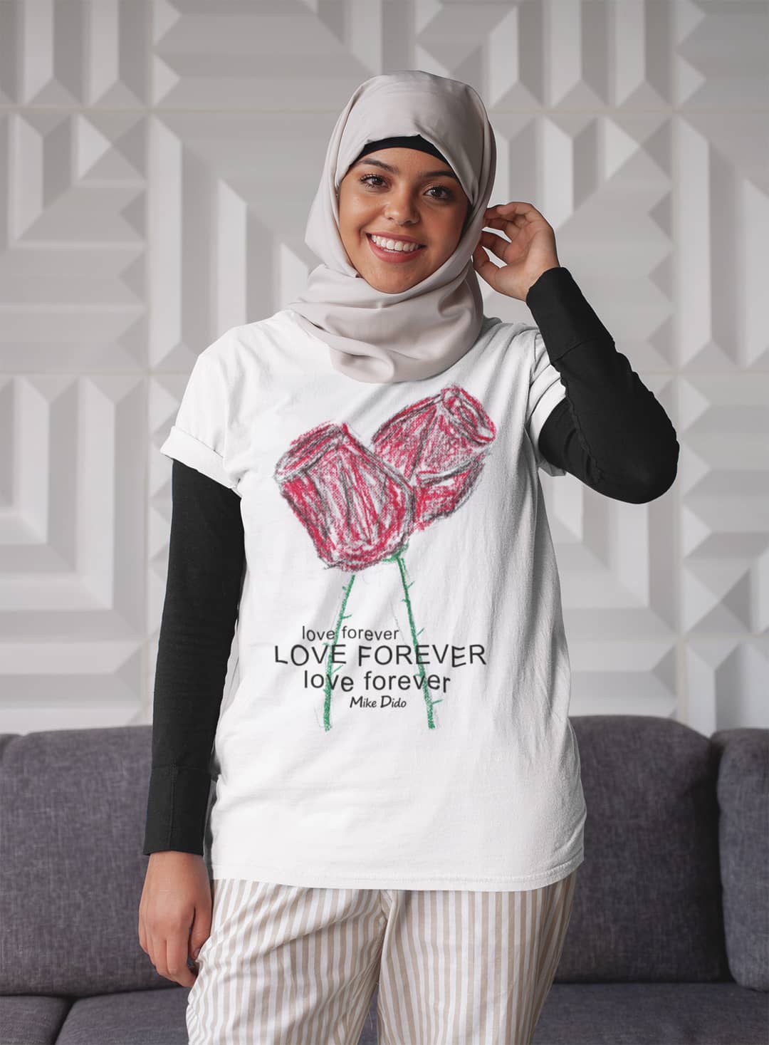 White Graphic Tee Red Rose Flower Forever Love by Mike Dido