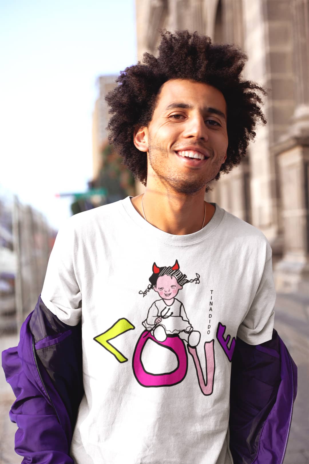 White Crew Neck T-Shirt with Funny Cute Design by TINA DIDO