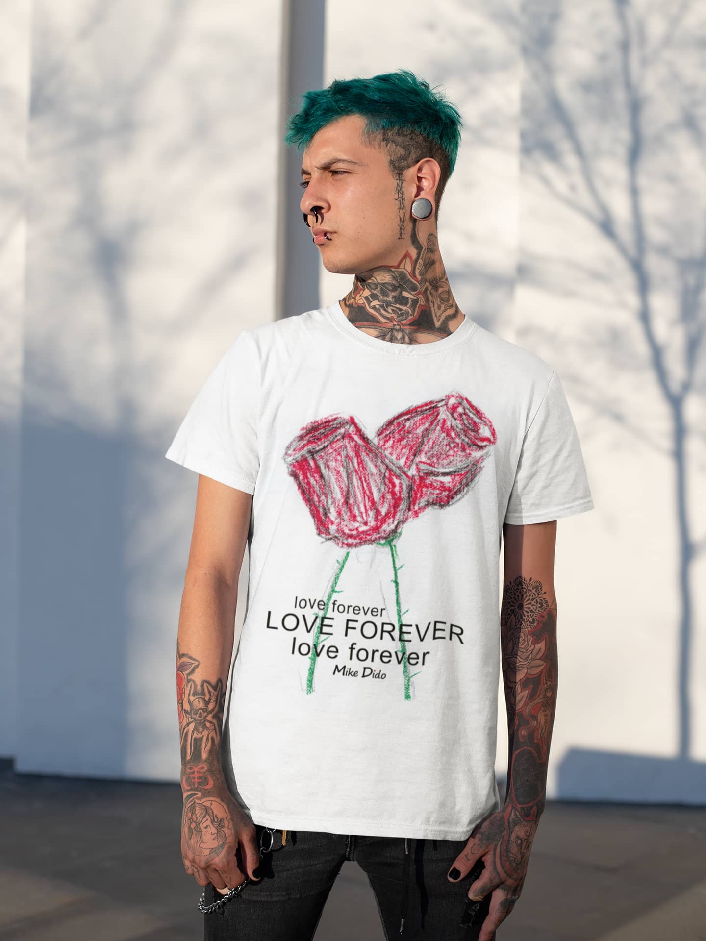 White Graphic Tee Red Rose Flower Forever Love by Mike Dido