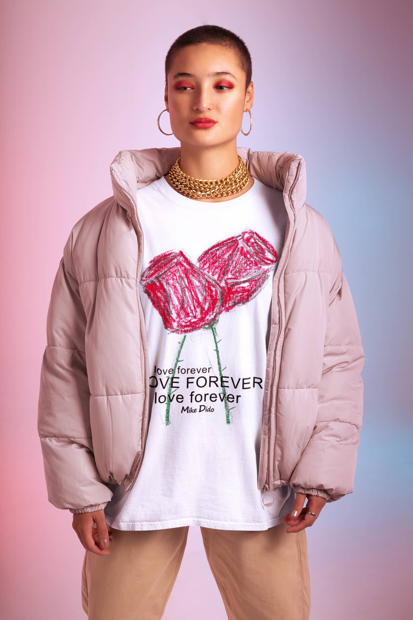 White Graphic Tee Red Rose Flower Forever Love by Mike Dido