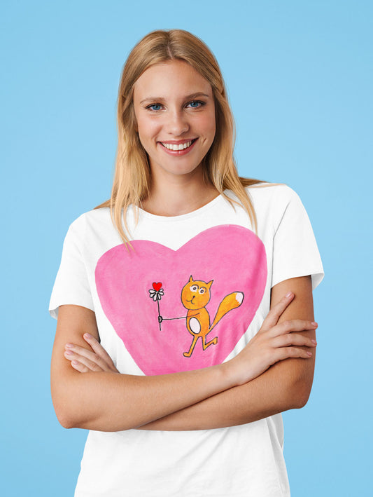 Designer T-Shirt with a Pink Heart And Yellow Cat by Mike Dido