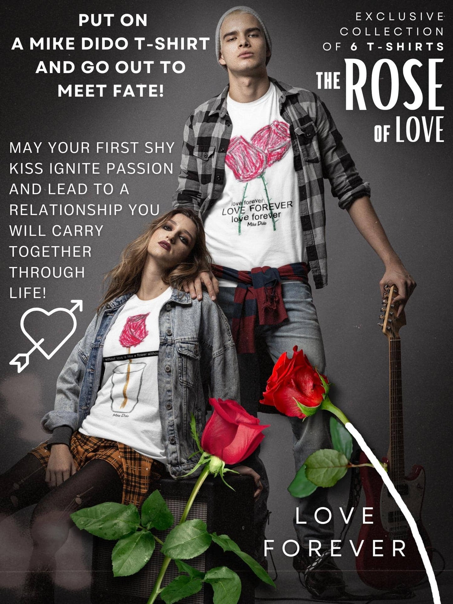 White Graphic Tee Red Rose Flower Forever Love by Mike Dido