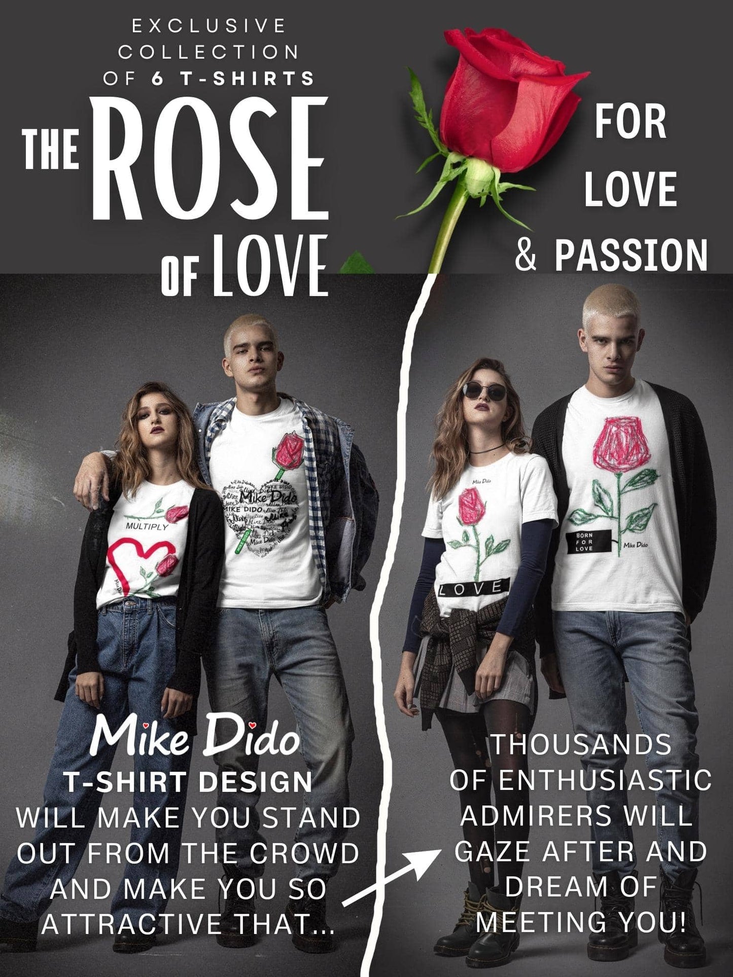 White Graphic Tee Red Rose Flower Forever Love by Mike Dido