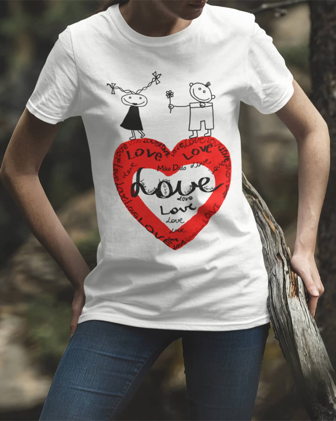 White And Red Graphic Tee Love Heart He She by Mike Dido