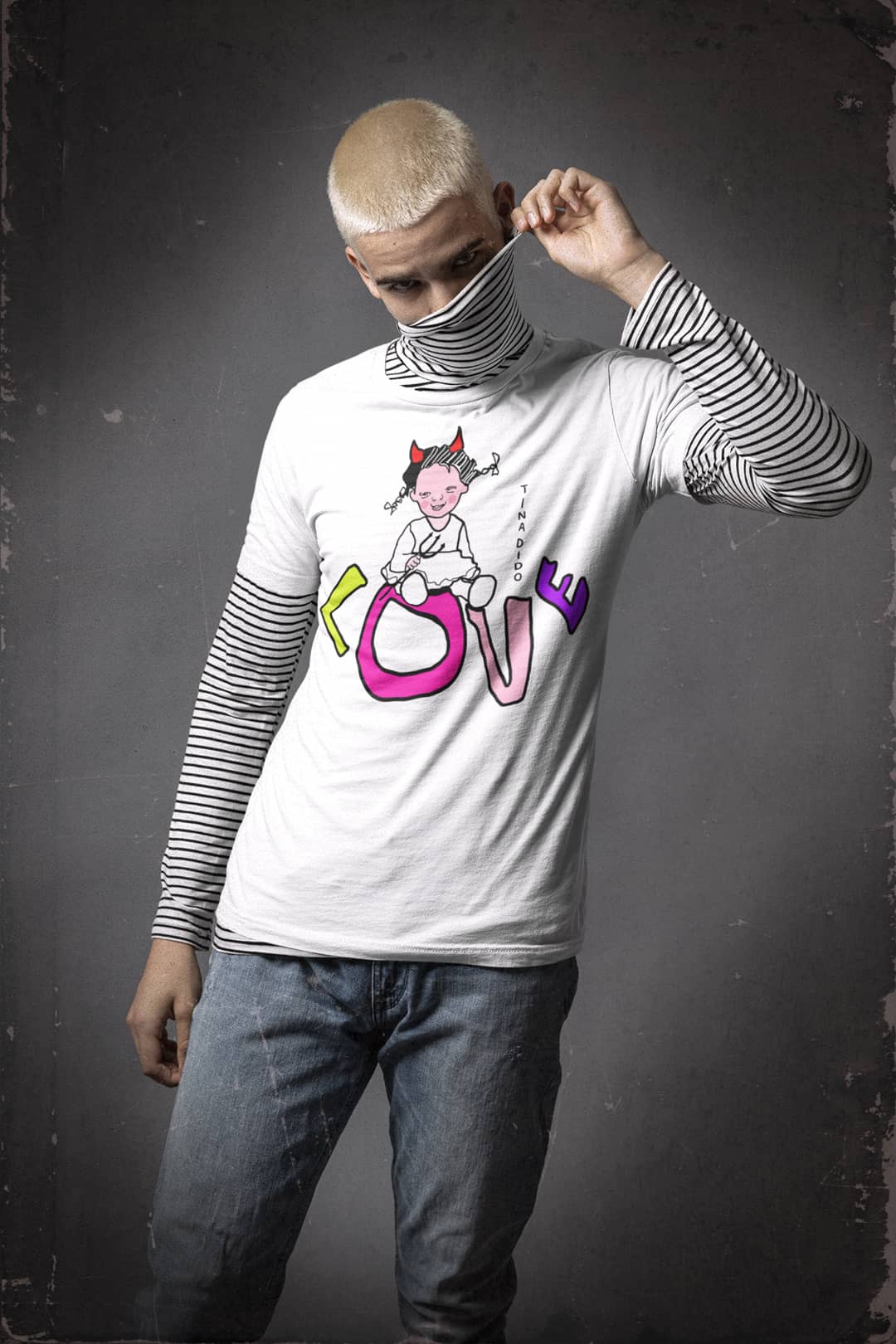 White Crew Neck T-Shirt with Funny Cute Design by TINA DIDO