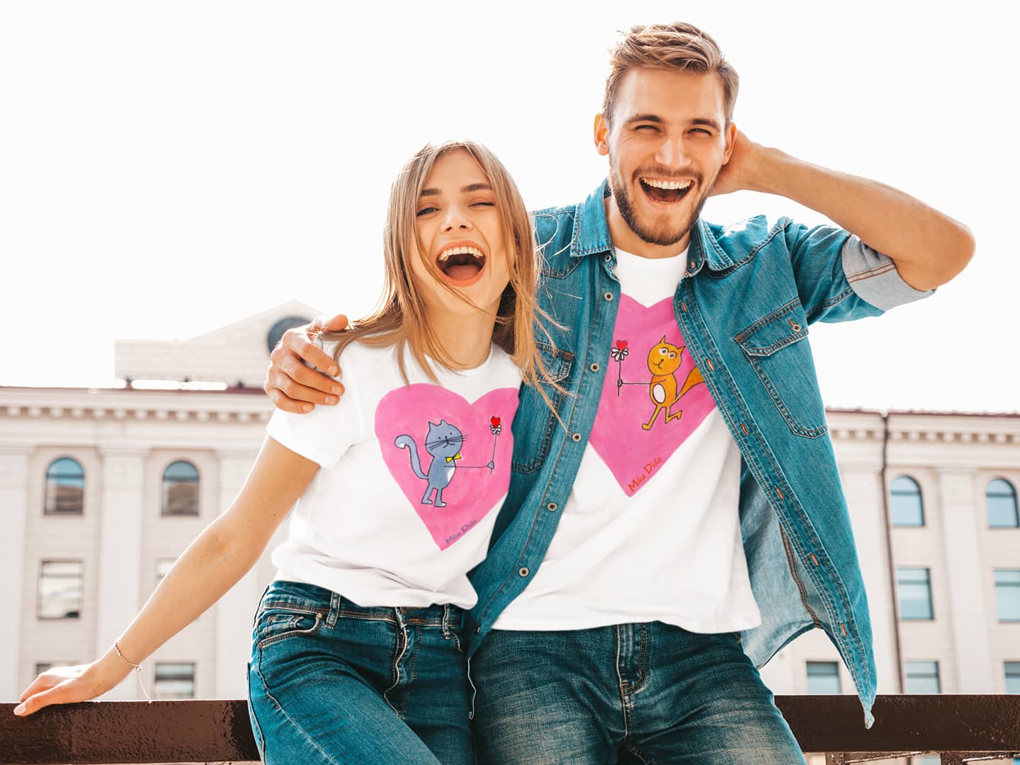 Pink Heart T-Shirt with a Grey Cat For Women Men Couples by Mike Dido