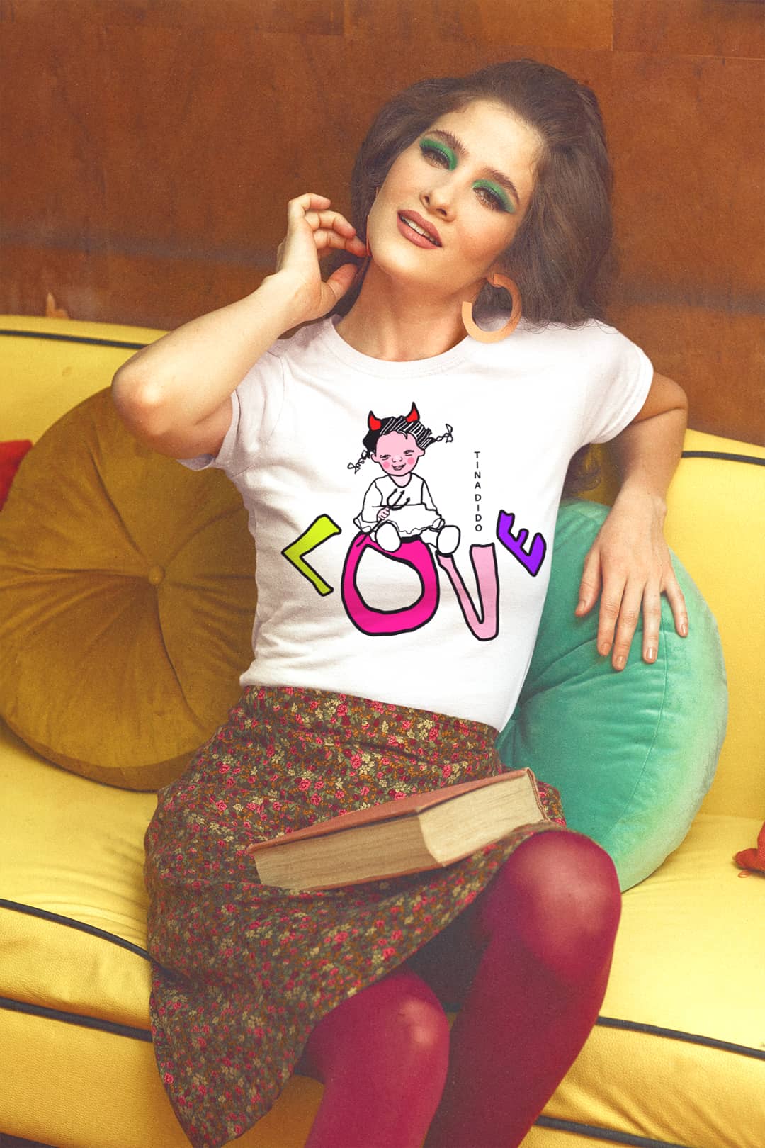 White Crew Neck T-Shirt with Funny Cute Design by TINA DIDO