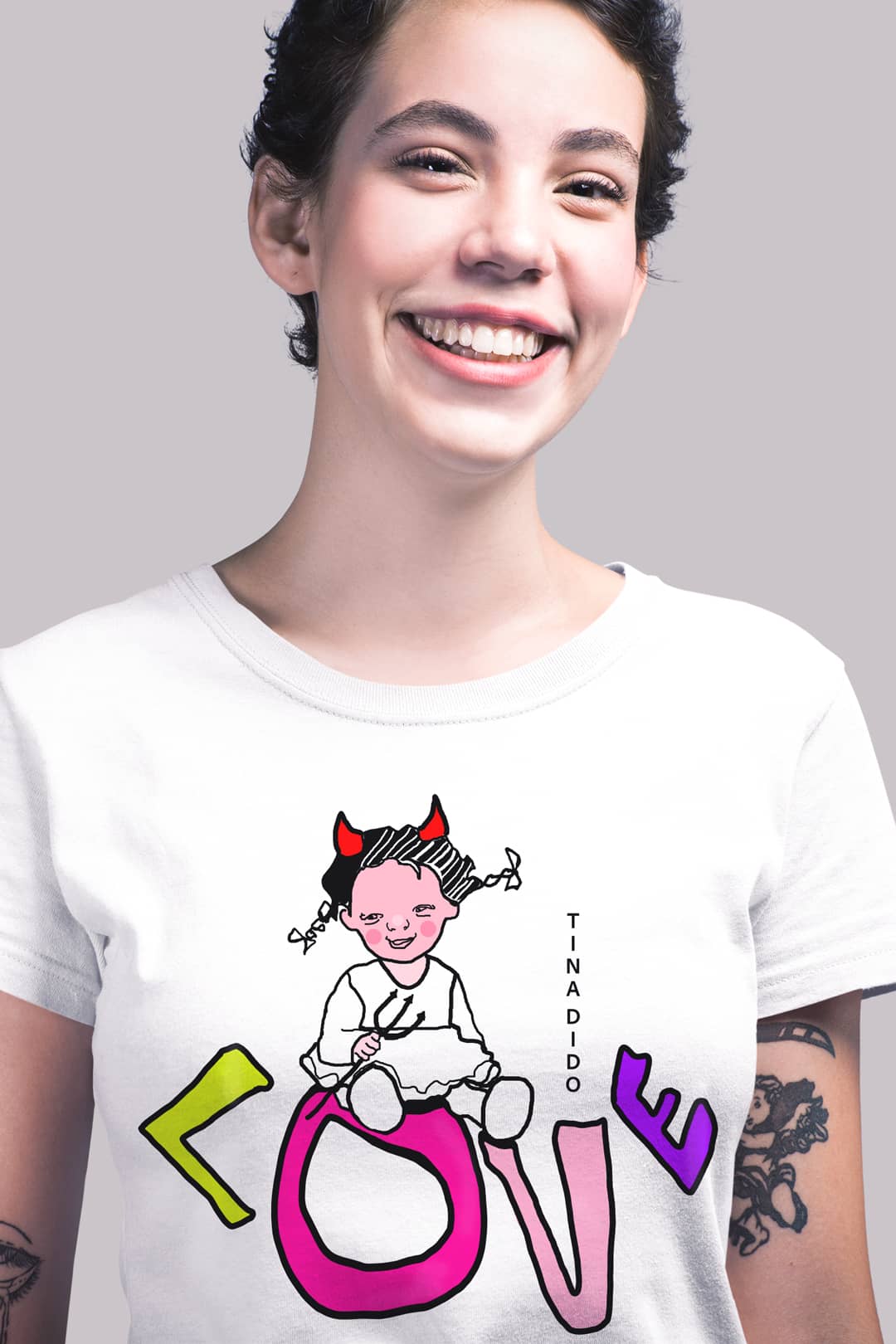 White Crew Neck T-Shirt with Funny Cute Design by TINA DIDO