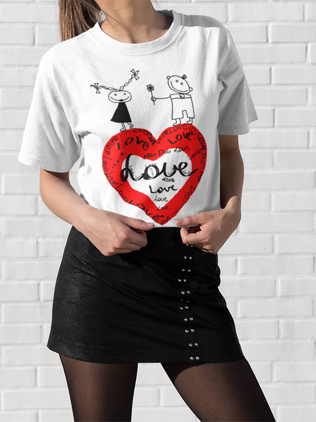 White And Red Graphic Tee Love Heart He She by Mike Dido