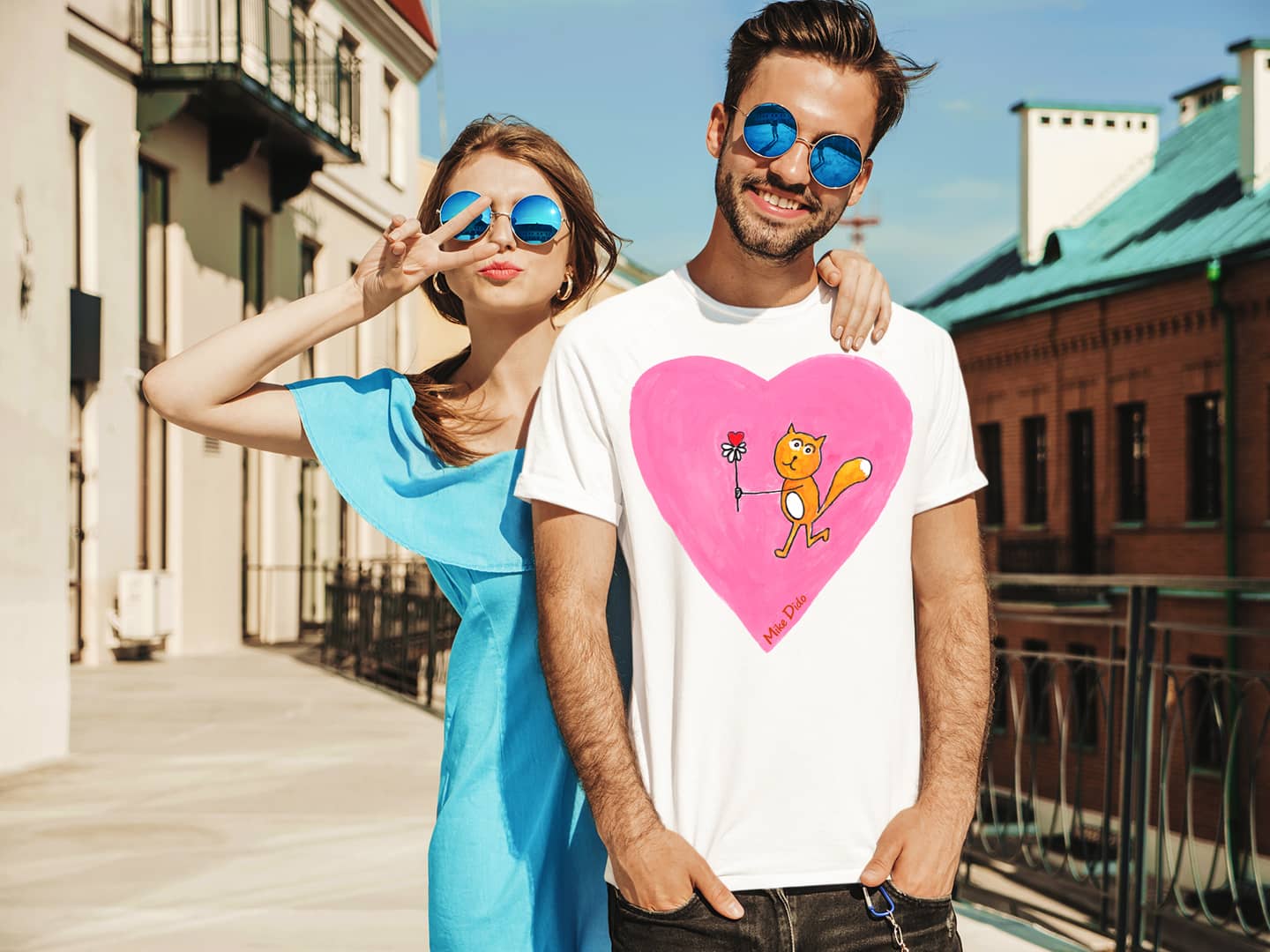 Designer T-Shirt with a Pink Heart And Yellow Cat by Mike Dido